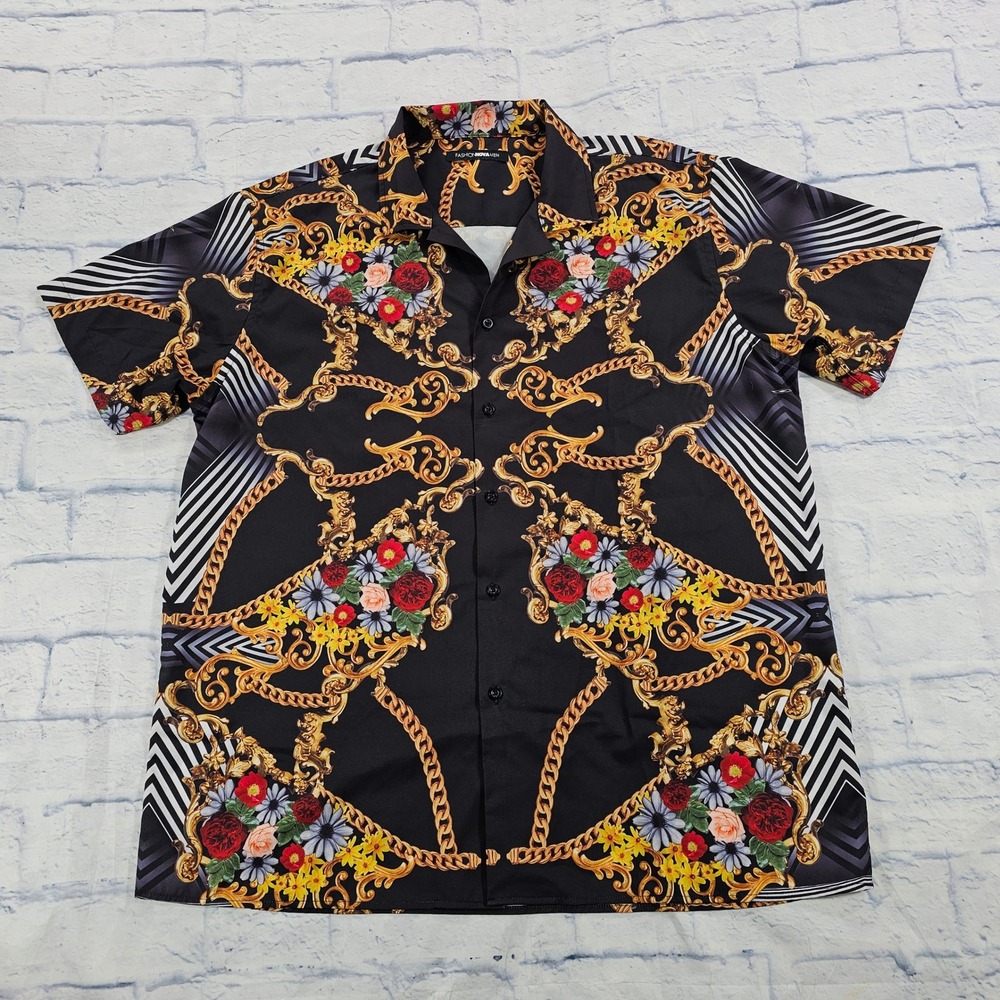 Fashion Nova Men Button Down Shirt MENS XL Black Gold Baroque Floral